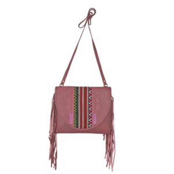Genuine Plum Soft Leather Western Abstract Pattered Fringe Crossbody Bag NWT - Picture 1 of 6